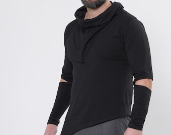 Men's Asymmetrical Long Sleeve Black Tee - Scarf Neck Top with Sleeve Cutouts - METMT0012