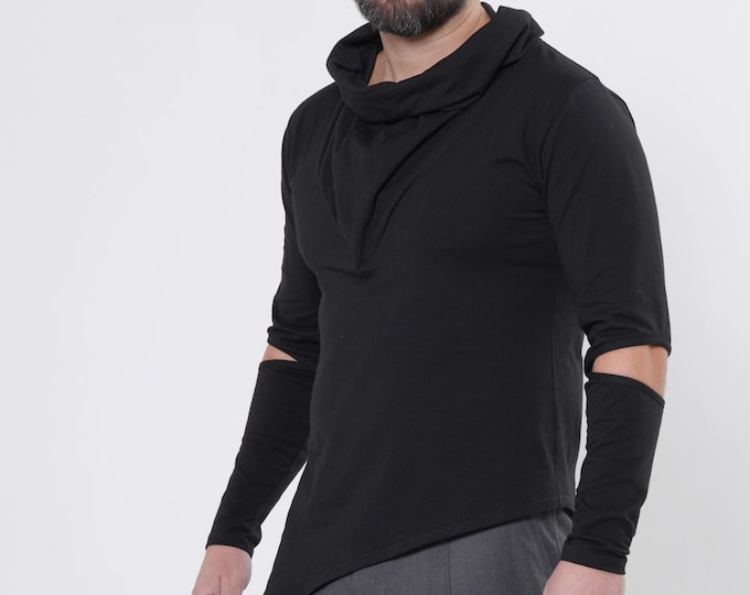Men's Asymmetrical Long Sleeve Black Tee - Scarf Neck Top with Sleeve Cutouts - METMT0012