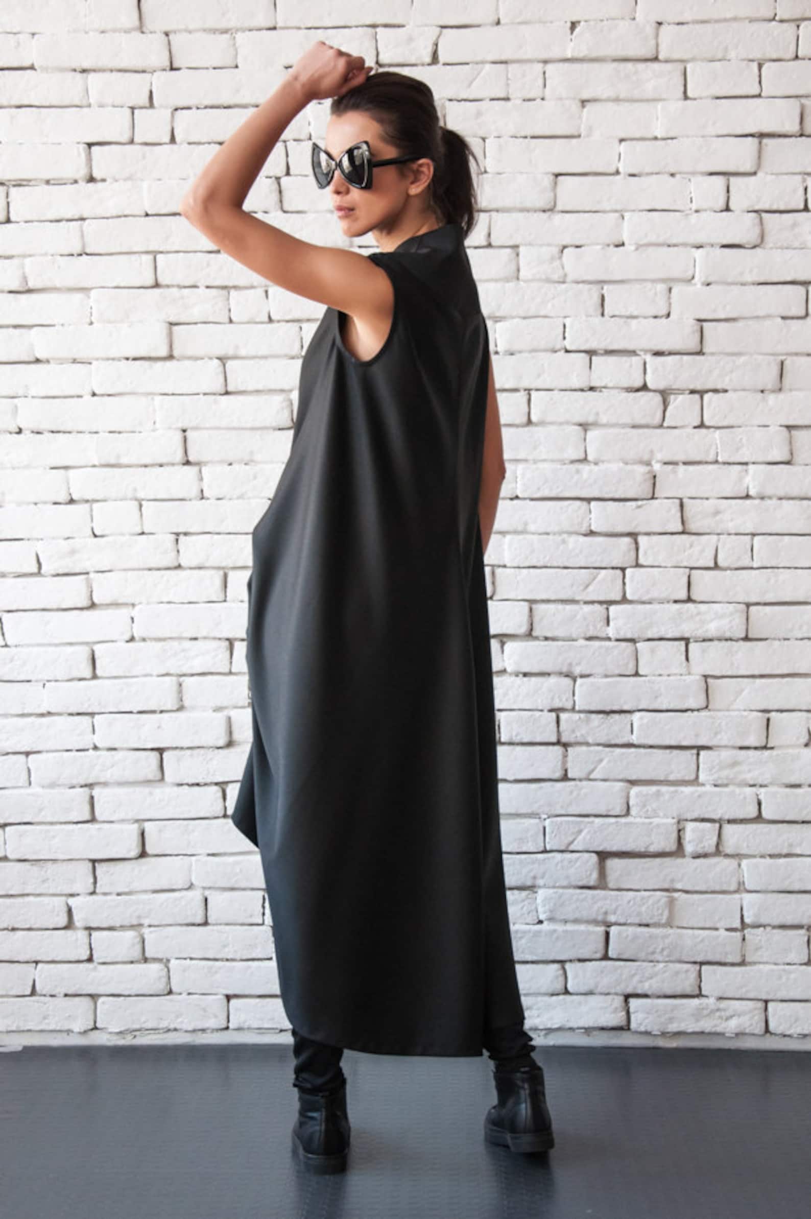 Asymmetric Black Dress/loose V Neck Dress/sleeveless Maxi - Etsy