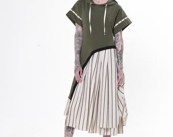 Sporty Shortsleeve Dress - Hooded Asymmetric Dress with Striped Skirt In Khaki -  METD0274