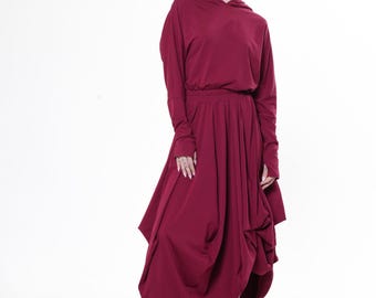 Burgundy Hooded Midi Dress – Sporty Casual Cotton Comfort METD0263