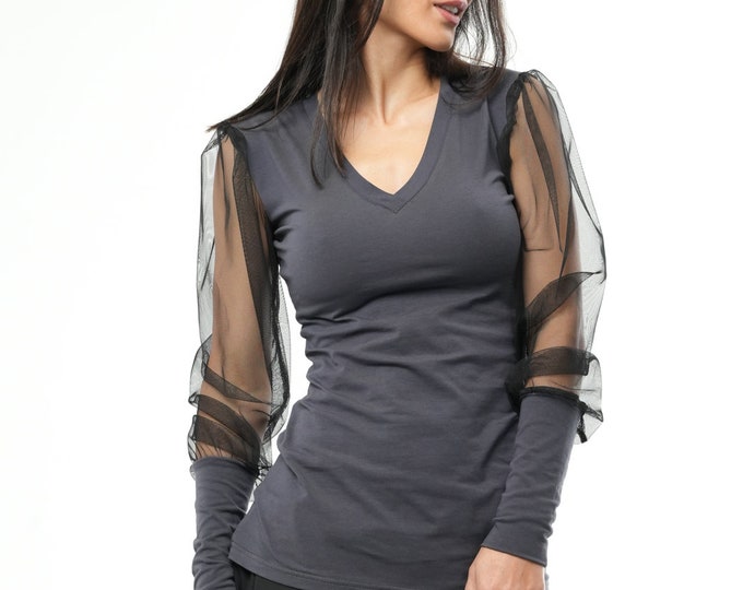 Mesh Top Women / V Neck / Transparent Blouse / See Through Top / Grey Blouse / Romantic Blouse / Gray Blouse METT0218