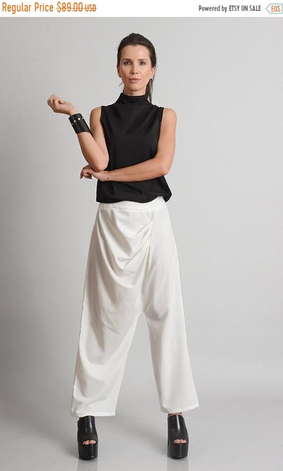 White Loose Casual Drop Crotch Pants