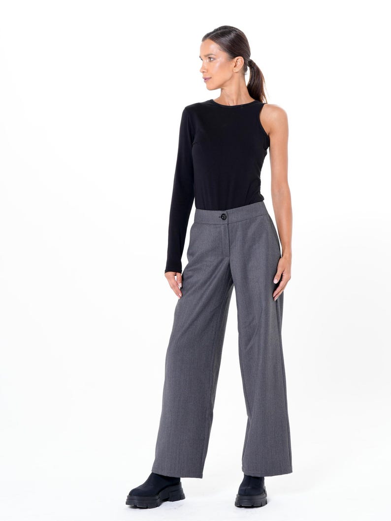 Pantalones grises de pierna ancha/Pantalones largos maxi/Pantalones largos de oficina/Pantalones cómodos para uso diario/Pantalones con bolsillos para mujer/Pantalones casuales holgados METP0019 imagen 3