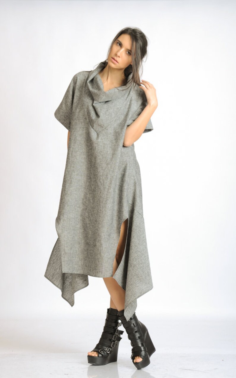 Grey Linen Dress/asymmetric Casual Tunic Dress/short Sleeve | Etsy