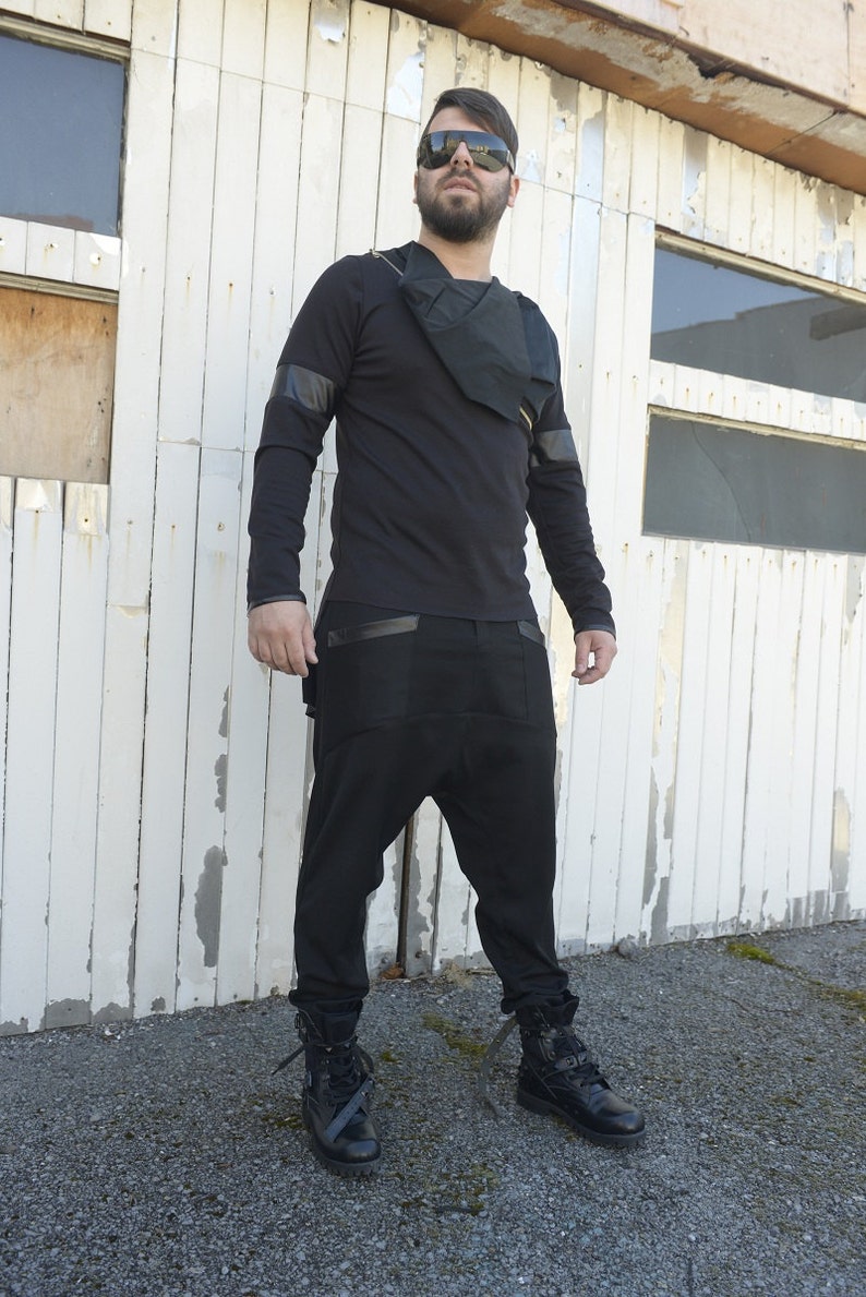 SALE Men Tunic With Collar Black Asymmetric Blouse Long Sleeve Tunic Leather Design Top Available in Plus Sizes Large Collar Black