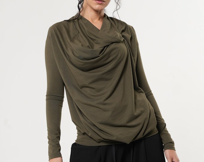 NEW Olive Green Top / Long Sleeve Shirt / Loose Top Women / Draped Top