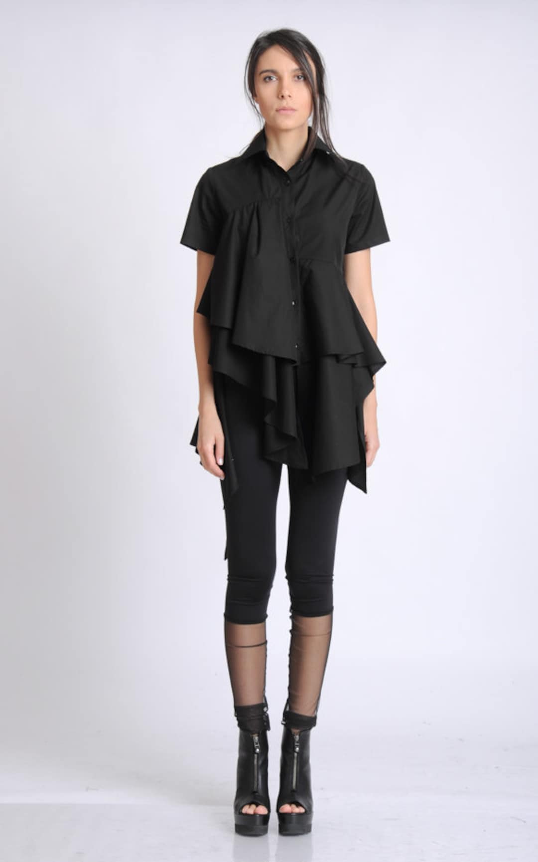 Buy Black Asymmetric Shirt/extravagant Draped Top/short Sleeve