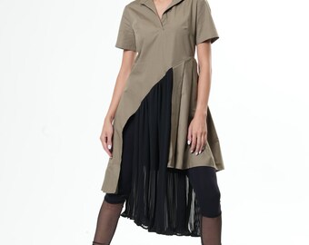 Chiffon Tunic / Asymmetric Tunic / Pleated Shirt / Pleated Top / Military Green Shirt / Boho Tunic Dress METT0195