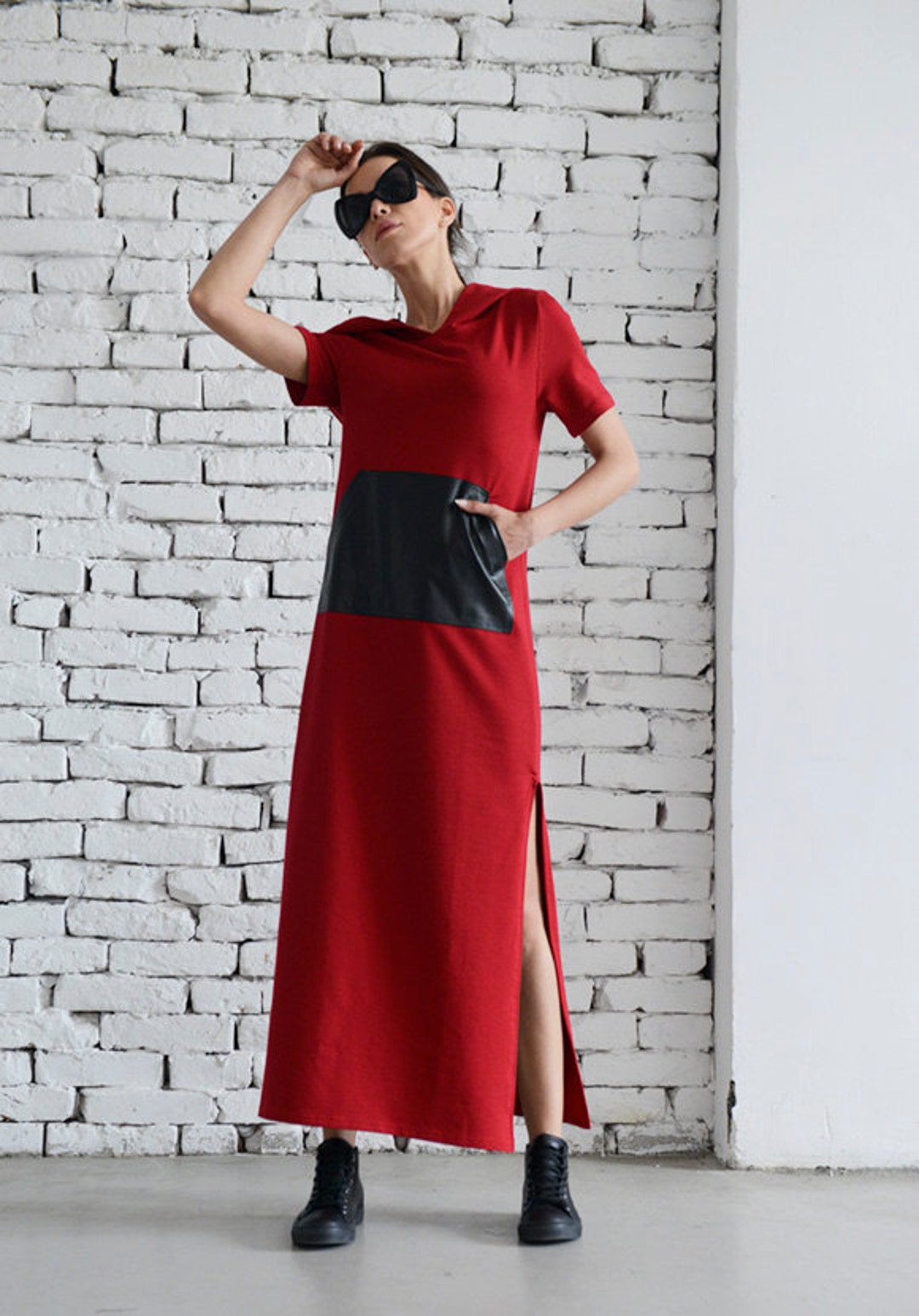Red Long Casual Dress hooded Maxi Dress oversize Pocket Tunic extravagant Short Sleeve Top plus Size Red Kaftan loose Red Top METD0044 Etsy