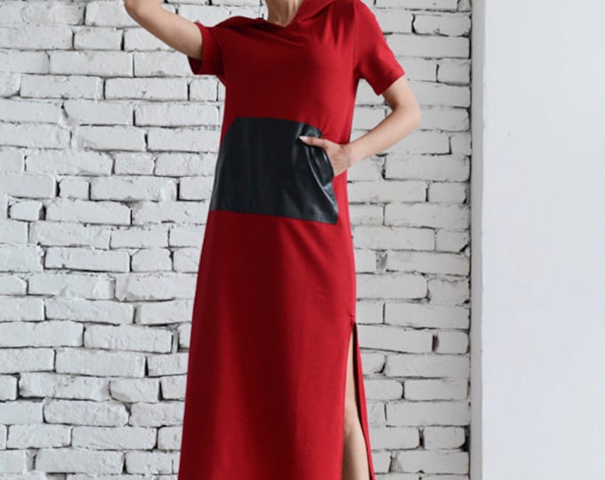 Red Long Casual Dress/Hooded Maxi Dress/Oversize Pocket Tunic/Extravagant Short Sleeve Top/Plus Size Red Kaftan/Loose Red Top METD0044