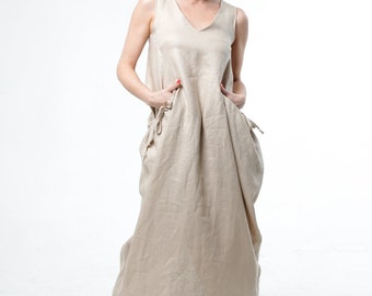 Linen Beige Dress With Oversized Pockets / V-Neck Sleeveless Dress / Natural Linen