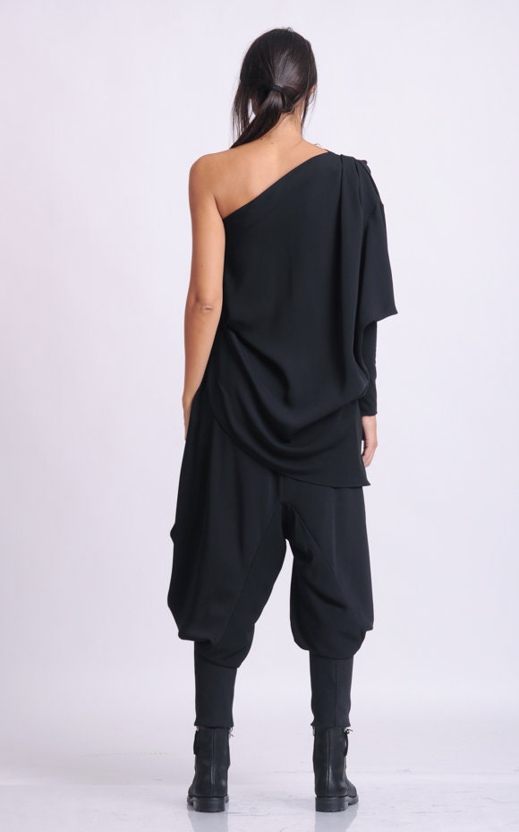 Extravagant Loose Top/One Sleeve Black Blouse/Asymmetric Casual Tunic ...