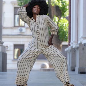 Oversize Jumpsuit on Khaki Stripes / Maxi Free Overall / Linen Cotton Set - METJ0028_Khaki image 3