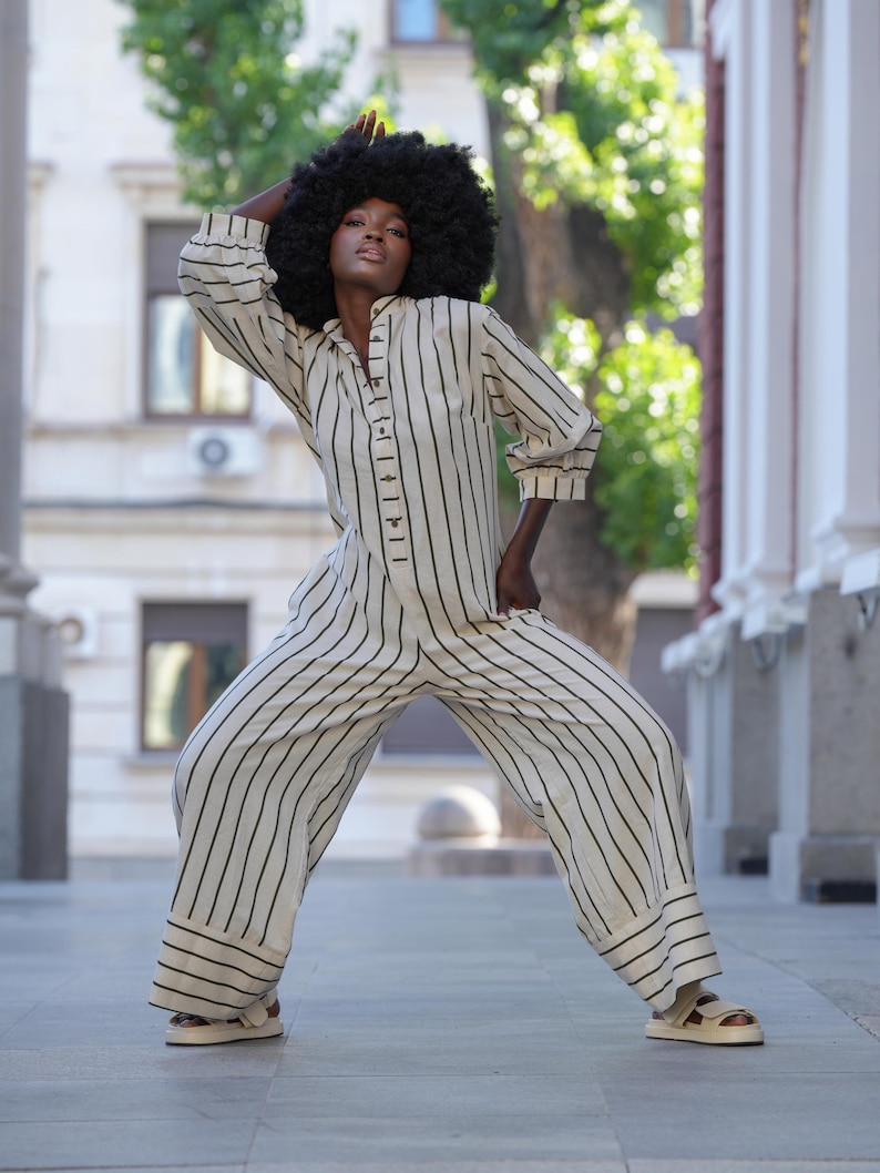 Oversize Jumpsuit on Khaki Stripes / Maxi Free Overall / Linen Cotton Set - METJ0028_Khaki image 3