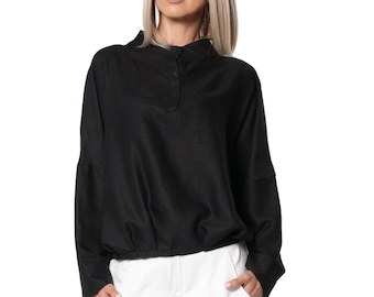 Oversized Black Linen Blend Blouse with Stand Collar and Gathered Hem