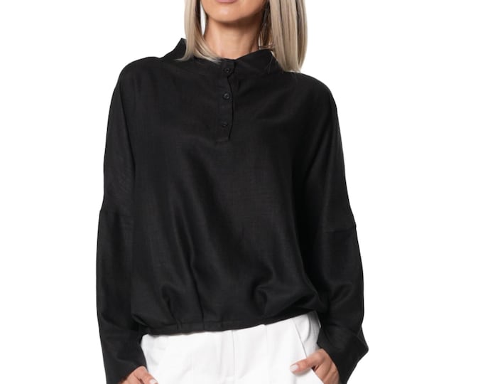 Oversized Black Linen Blend Blouse with Stand Collar and Gathered Hem