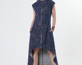 Distressed Denim High-Low Dress / Asymmetric Jean Dress / Zipper Dress METD0249