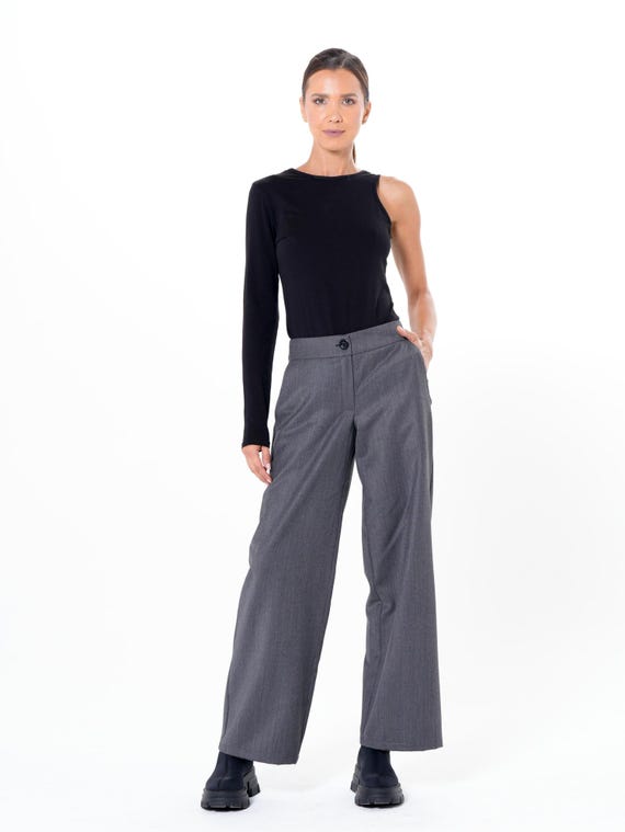 Wide Leg Grey Pants/Long Maxi Pants/Office Long Pants/Comfortable Everyday Pants/Women Pocket Trousers/Loose Casual Pants METP0019