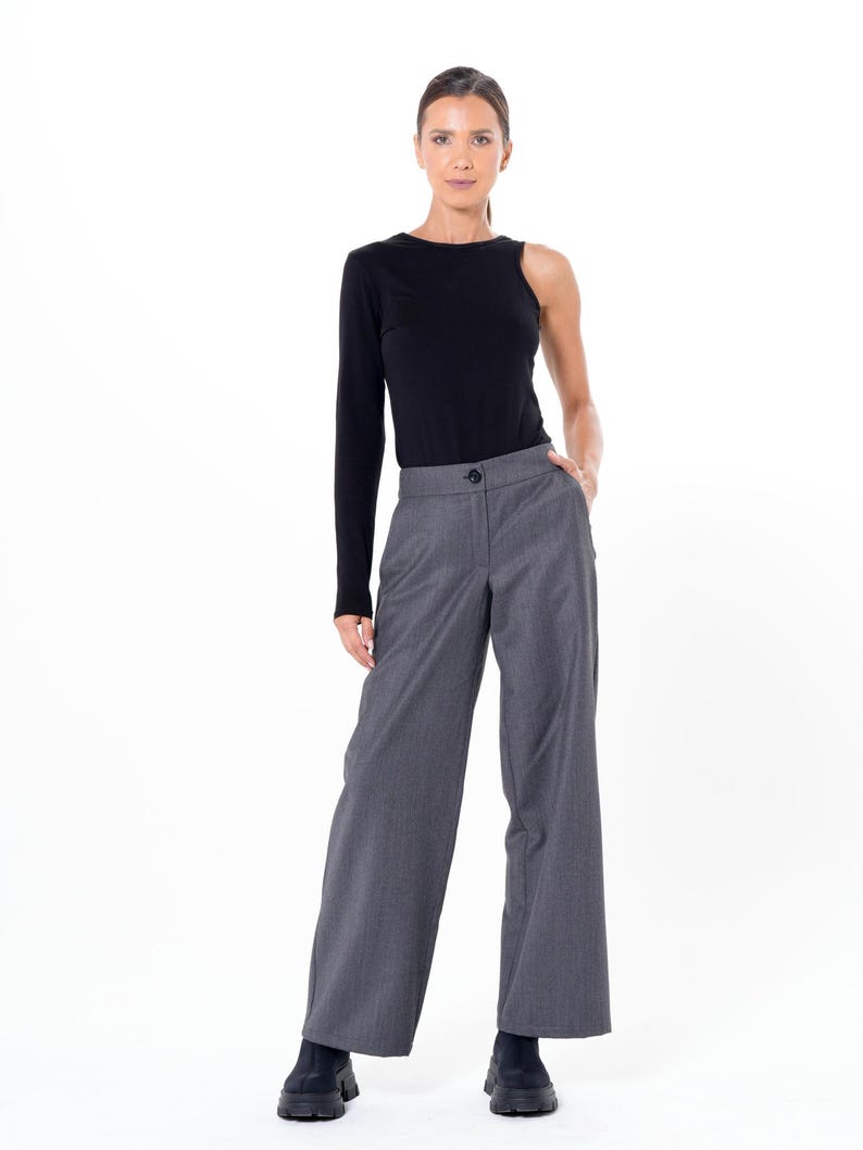 Pantalones grises de pierna ancha/Pantalones largos maxi/Pantalones largos de oficina/Pantalones cómodos para uso diario/Pantalones con bolsillos para mujer/Pantalones casuales holgados METP0019 imagen 1