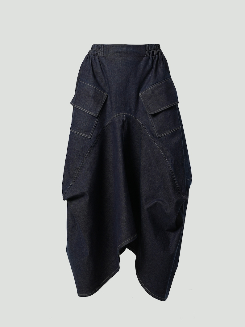 Extravagant Maxi Denim Skirt / Long Skirt With Pockets / Jeans Maxi Skirt / Asymmetrical Line Skirt / Cargo Style Pockets Skirt image 2
