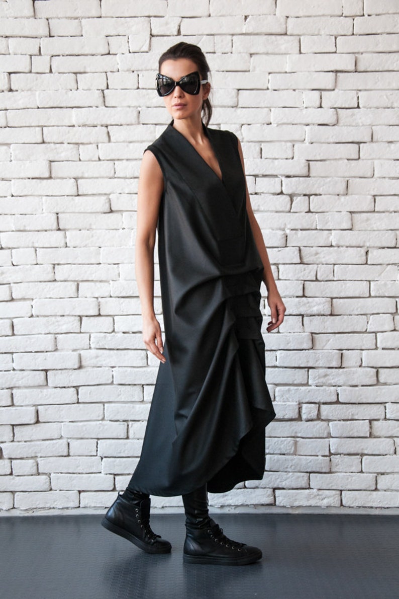 Extravagant Dress / Long Black Maxi Dress / Asymmetric Dress / Black V Neck Dress / Large Black Dress / Loose Fit Dress image 6