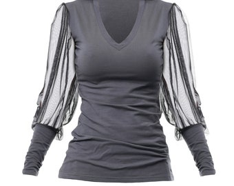 Mesh Sleeved Top /  Woman Blouse/ Top With See Through Sleeves/ Grey Shirt With V-Neck / Grey Casual Blouse / Black Mesh Grey Top / METT0218