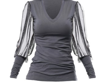 NEW Mesh Sleeved Top /  Woman Blouse/ Top With See Through Sleeves/ Grey Shirt With V-Neck / Grey Casual Blouse / Black Mesh Grey Top /