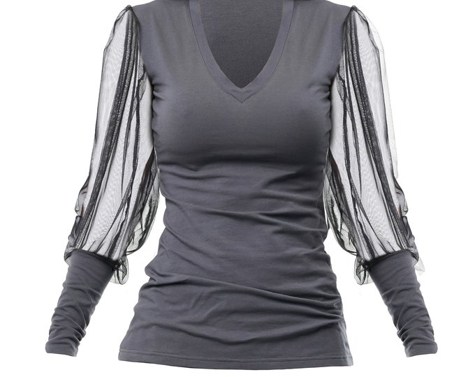 Mesh Sleeved Top /  Woman Blouse/ Top With See Through Sleeves/ Grey Shirt With V-Neck / Grey Casual Blouse / Black Mesh Grey Top / METT0218