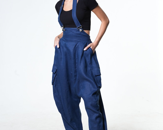 Linen Romper / Linen Jumpsuit Women / Avant Garde Clothing / Linen Overalls /Blue Romper /Boho Jumpsuit / Loose Jumpsuit METP0115