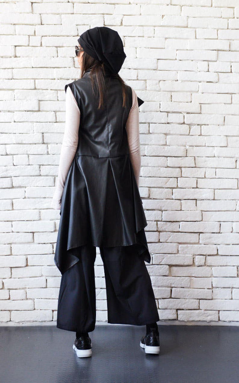 SALE Black Leather Sleeveless JacketAsymmetric Extravagant Vest with BeltLoose Tunic TopLeather Long Short TunicLarge Collar Black Coat