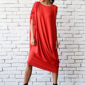 Red Loose Kaftan/Plus Size Maxi Dress/Asymmetric Tunic /Red Oversize Dress/Casual Everyday Dress/Summer Red Dress/Oversize Midi Red Dress image 3