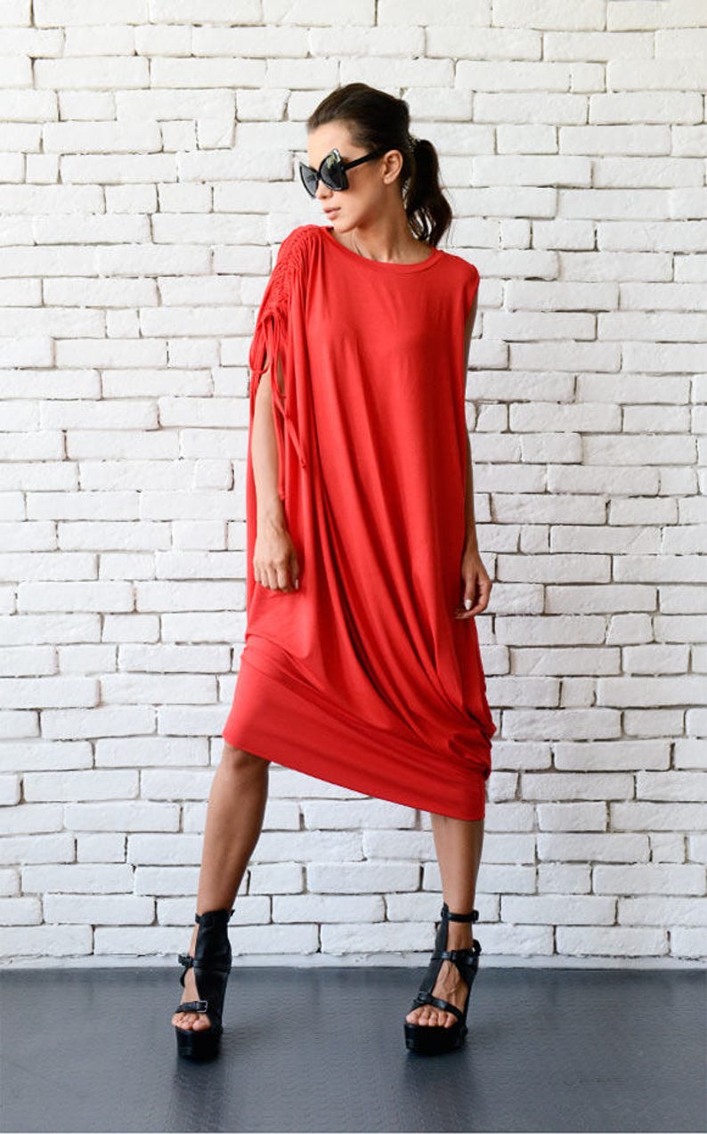 Red Loose Kaftan/Plus Size Maxi Dress/Asymmetric Tunic /Red Oversize Dress/Casual Everyday Dress/Summer Red Dress/Oversize Midi Red Dress image 3