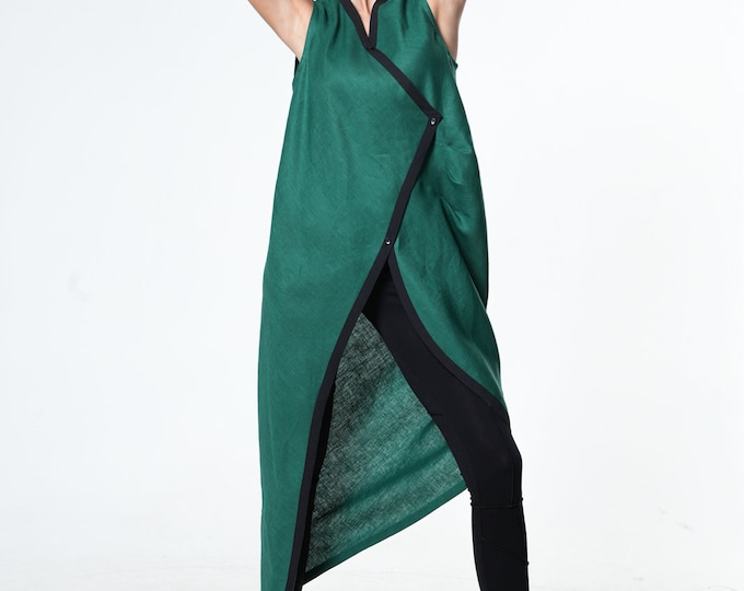 Forest Green Top / Plus Size Tunic Tops / Asymmetrical Tunic / Linen Sleeveless Top / Loose Tunic Top / Oversized Tunic Top/  METT0248