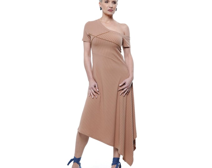 Open Shoulder Asymmetrical Dress In Camel / Summer Short Sleeve Dress METWB005