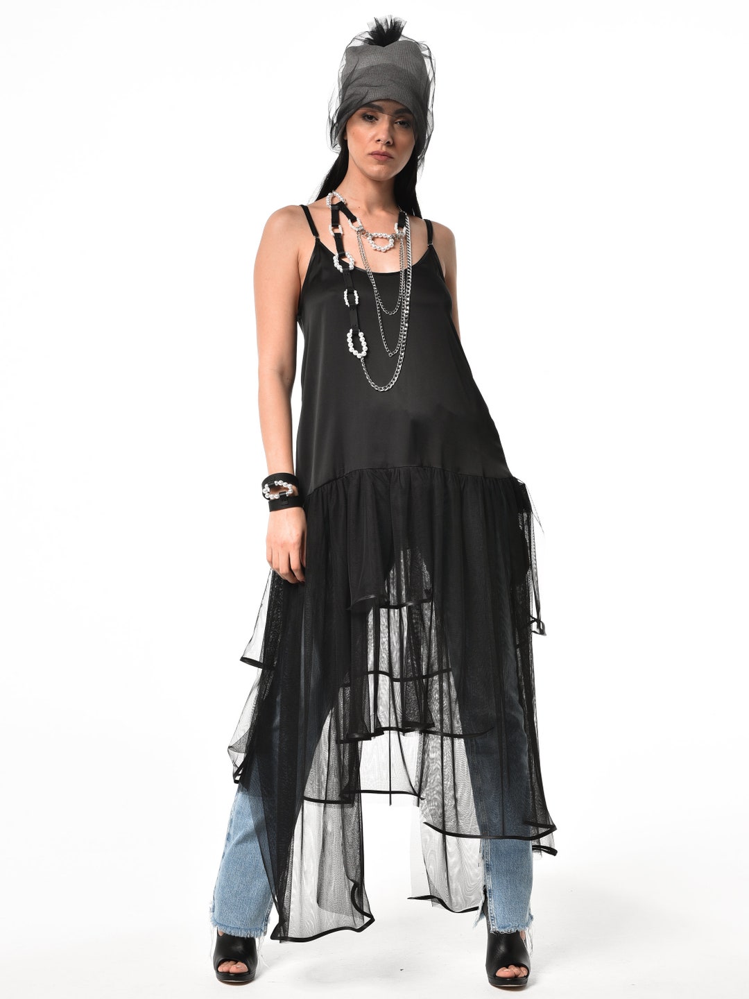 Satin Maxi Dress / Black Satin Dress / Boho Bridesmaid Dress / Sheer ...