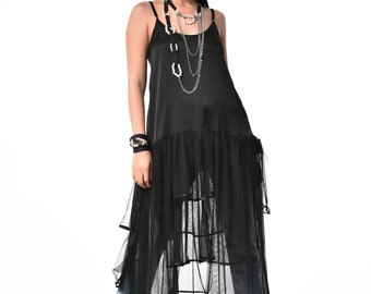 Satin Maxi Dress / Black Satin Dress / Boho Bridesmaid Dress / Sheer Black Top / Sexy Tunic / See Through Tunic / Scoop Neckline