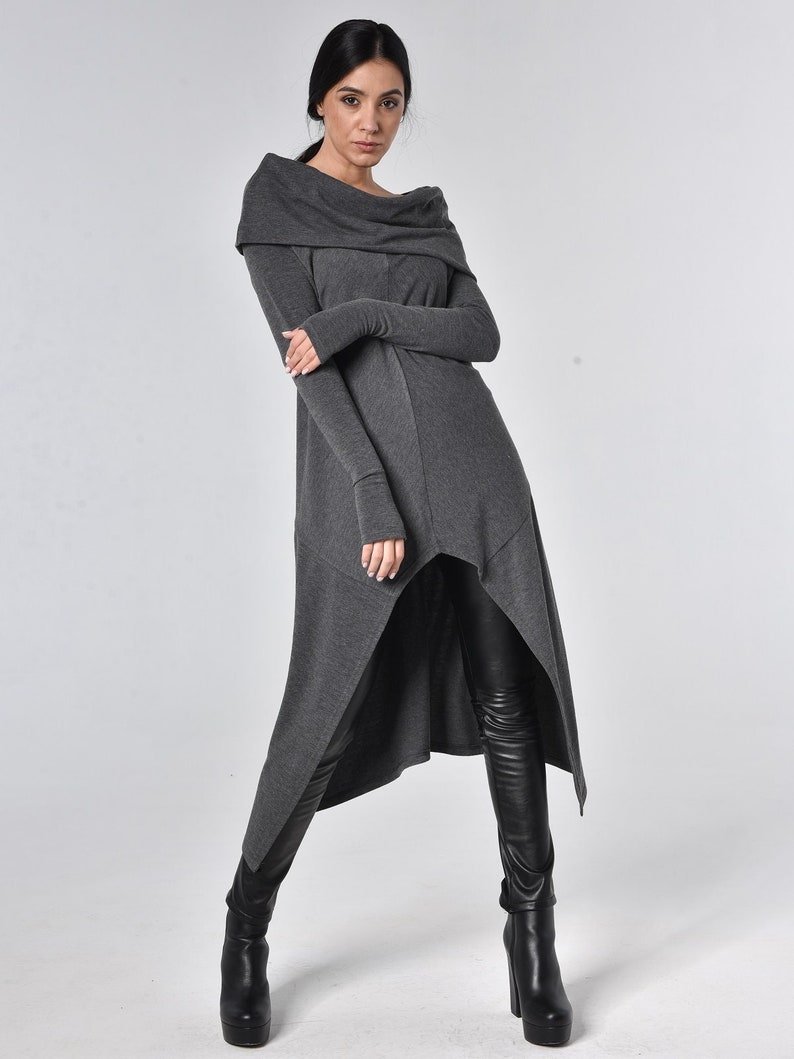 Asymmetrische tuniek/grijze tuniek/off-shoulder tuniek/lange tuniekjurk/post-apocalyptische kleding/tech wear/duimgat METT0056 afbeelding 1