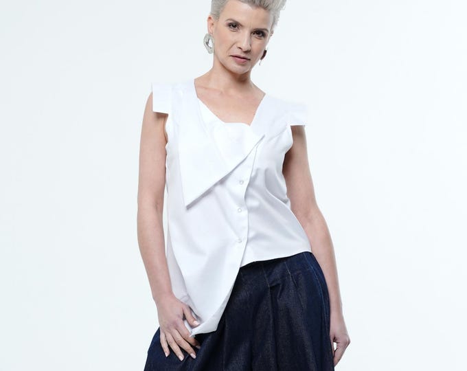 Asymmetrical Buttoned Top In White / Summer Blouse / Extravagant Tunic Top METWB009
