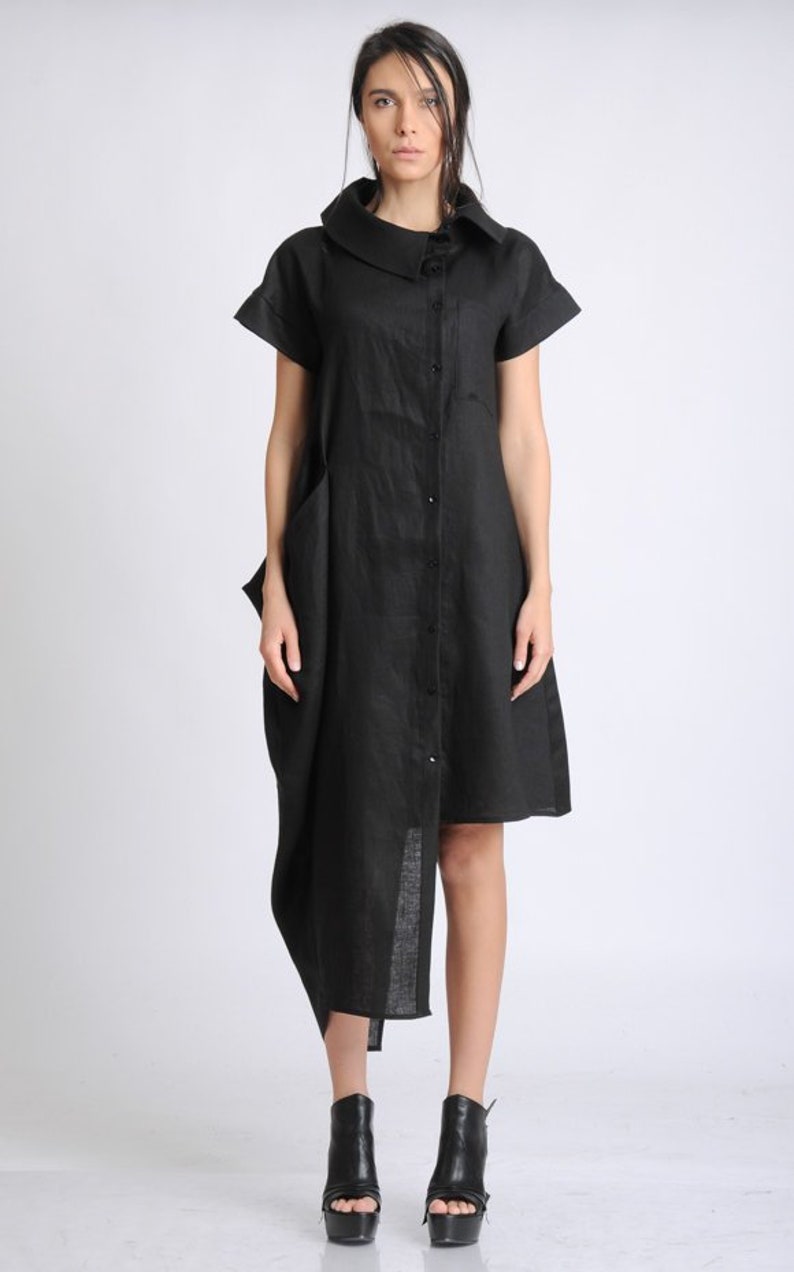 Black Linen Dress/asymmetric Tunic Dress/large Collar Shirt | Etsy