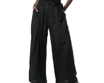 Paperbag High Waist Pants With Linen In Black - Viscose Summer Trousers METP0147