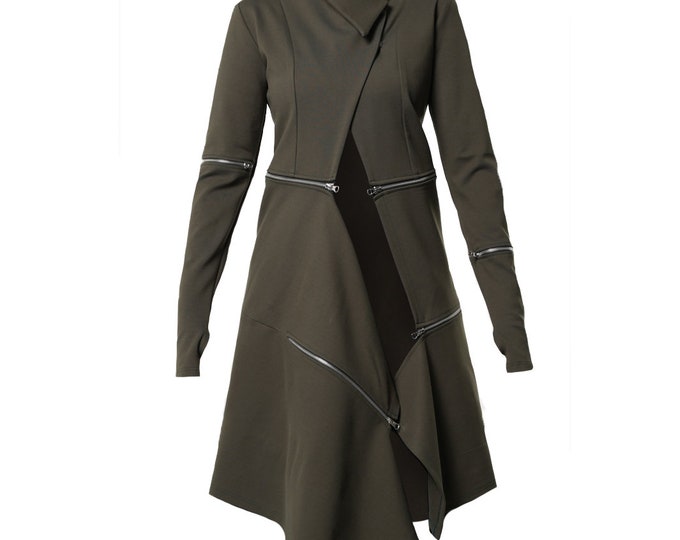 Asymmetrical Zippers Coat / Extravagant Green Coat / Outer Garment / Military Green Blazer / Woman Coat With Zippers / Thumbhole Sleeves