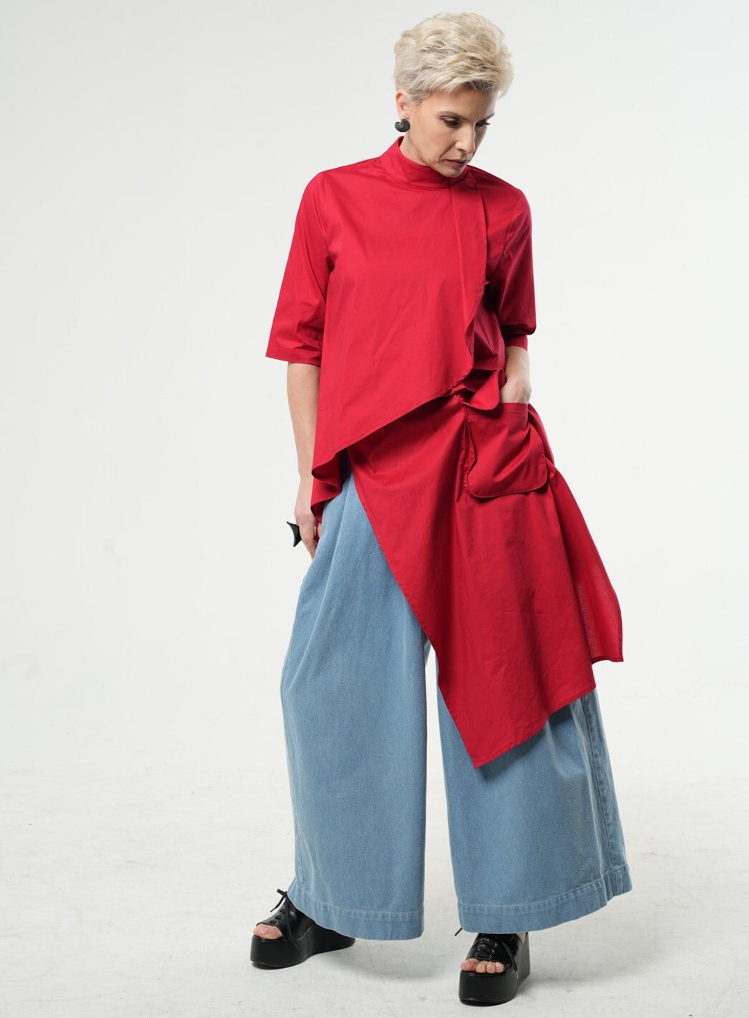 Red Cotton Shirt / Asymmetric Plus Size Tunic / Oversize