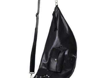 Men’s Genuine Leather Sling Bag| Black Leather Crossbody METMB004