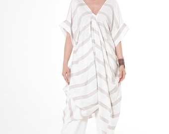 Striped V-Neck Boho Tunic Top: Oversized Cotton-Viscose Blend