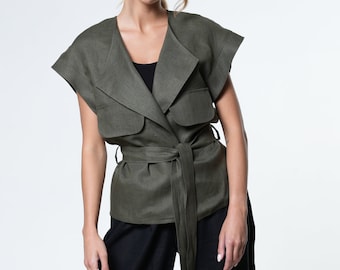 Linen Vest / Linen Waistcoat / Linen Kimono Top / Linen Wrap Blouse / Loose Tunic Top / Wrap Front Top / Belted Loose Vest / METT0247