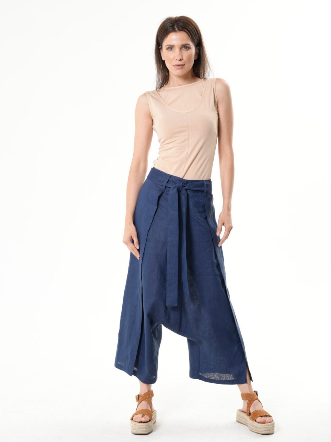 Linen Drop Crotch Trousers in Mint - 3540114