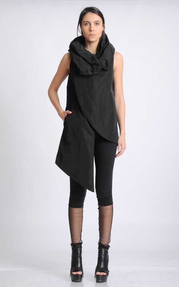 Long Black Vest / Burning Man Top / Cowl Neck Tunic / Asymmetrical Top ...