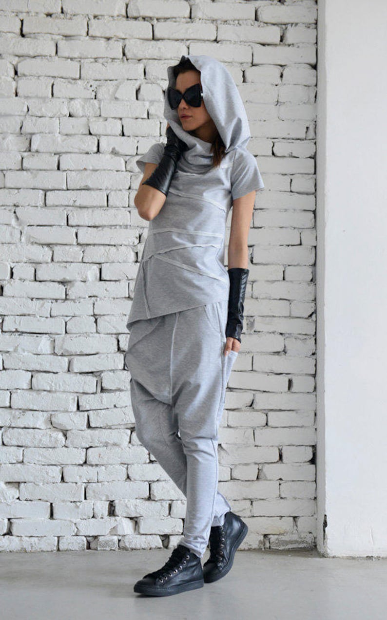 Light Grey Sport Set/Loose Two Piece/Asymmetric Tunic/Drop Crotch Pants/Hooded Tunic/Grey Casual Suit/Short Sleeve Hoodie METJ0005 image 5