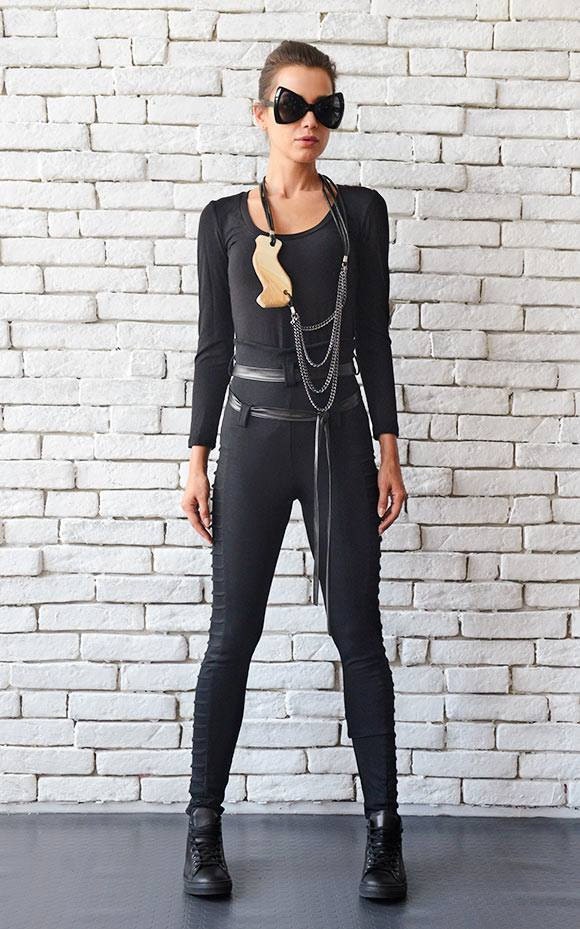 Goth black leather leggings trousers skinny tights pants women cheap